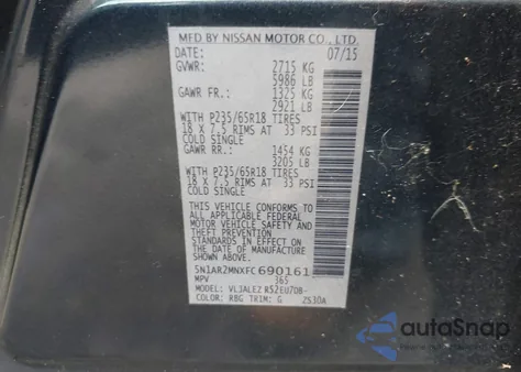 2015 Nissan Pathfinder Sv z USA, uszkodzony, nr VIN 5N1AR2MNXFC690161